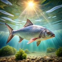 Fototapeta premium Underwater View of Fish with Sun Rays and Aquatic Plants