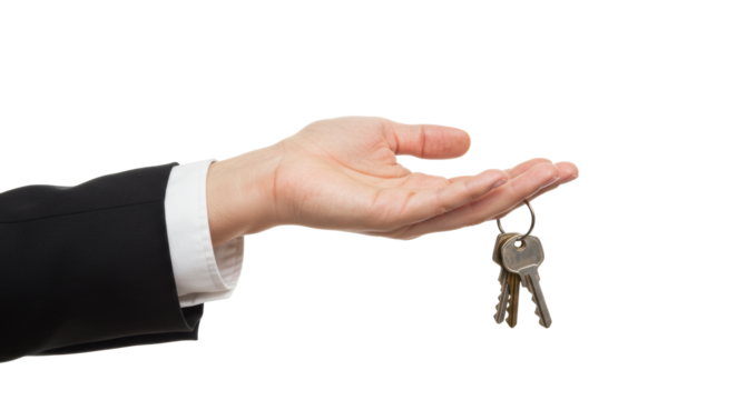 Neat, fair-skinned hand, neutral polish, holding house and car keys on keyring, isolated transparent studio background, concept of new opportunities