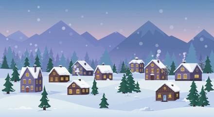 Cozy Winter Village Scene with Snowing Mountains