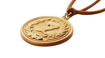 A shiny gold medal hangs from a brown cord, symbolizing victory in a competitive event or sport, reflecting excellence