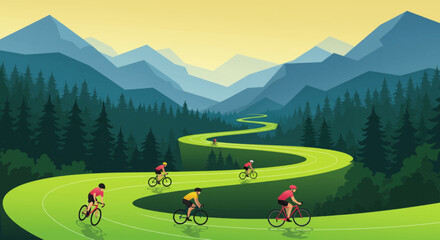 Cyclists on a Winding Road Through Mountains and Forests