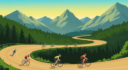 Cyclists racing on a winding mountain road