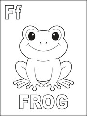F is for frog. A happy frog coloring page for kids. Cute animal cartoon character for toddlers.