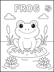 Frog coloring page for kids. Illustration of a happy cartoon character. Black and white coloring page for children.