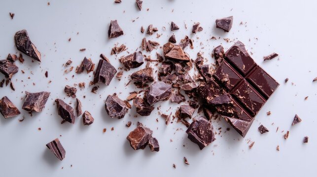 Broken dark chocolate bar on white surface
