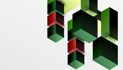 Obraz premium Abstract geometric shapes, stacked cubes, green, red hues. Minimalist design, clean lines, modern aesthetic. Light shadows present.