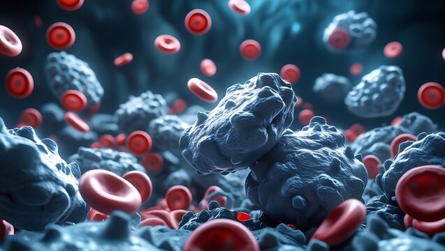 Microscopic view of red blood cells and cellular structures, showcasing vital biological processes and medical research.