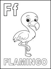 F is for flamingo coloring sheet. Coloring pages for toddlers. Illustration of cute birds. Printable for kids