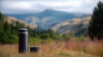 Black thermos flask and a small black cup on a grassy field with a beautiful landscape in the background.