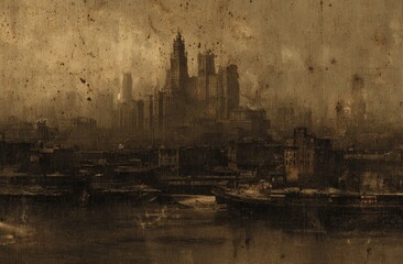 Post-apocalyptic cityscape, sepia-toned, aged