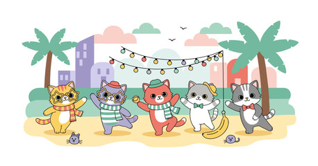 Fototapeta premium Playful cartoon cats celebrate a lively summer beach party under festive string lights with a cityscape backdrop, enjoying a fun gathering.