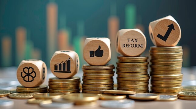 Money golden coins on table with icons representing income tax growth and reforms ai generative