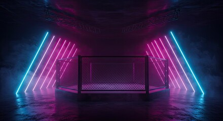 Dynamic MMA octagon bathed in vibrant neon pink and blue lights, creating an electrifying atmosphere for intense combat sports and action-packed events.