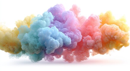 Vibrant, pastel-colored smoke clouds against a white background.  Fluffy,  diffuse shapes in soft, rainbow hues