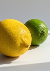 Closeup of Yellow Lemon and Green Lime on White Background