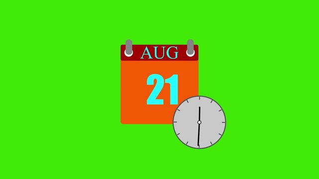 Glowing calendar animation August 21 date animation. glowing clock loop and black background.