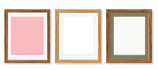 Three wooden picture frames in light, medium, and dark wood tones