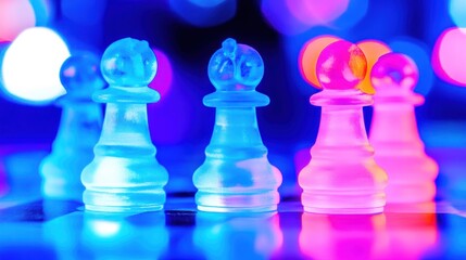 Vibrant glass chess pawns on a reflective surface under neon lighting create a unique and artistic