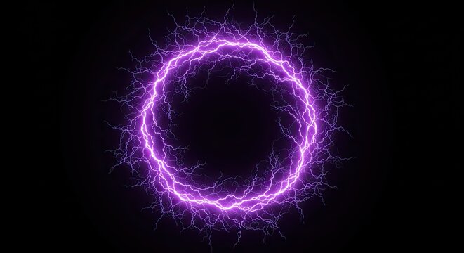 Vibrant purple electric energy ring crackles with power, a dynamic portal of raw force and futuristic wonder illuminating the dark.