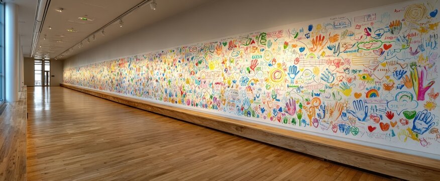 Colorful mural in gallery hallway featuring handprints and abstract art for creative inspiration