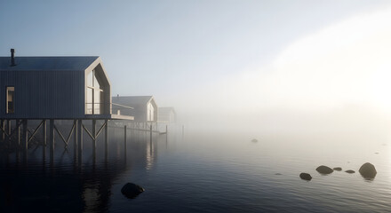 Modern stilt houses over a calm lake veiled in thick morning fog
