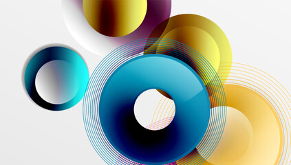 Abstract composition featuring layered circles, lines, vibrant colors. Modern design, dynamic shapes create visual interest.