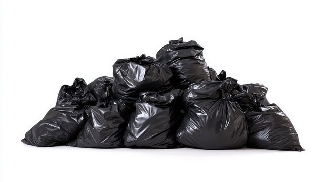 Pile of black garbage bags on white background. Neural network AI generated