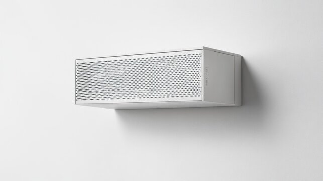 Wall-mounted atmospheric sampler intake, fine mesh grill, subtle blinking LEDs, sterile white laboratory wall, minimalist design