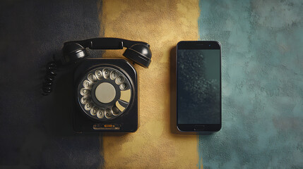 Old rotary phone beside modern smartphone showing evolution of communication technology and connectivity. old vs new,
