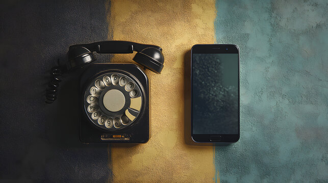 Old rotary phone beside modern smartphone showing evolution of communication technology and connectivity. old vs new,