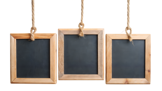 Mini Chalkboards Hanging on Rope with Natural Wood Frames Isolated on Transparent Background PNG