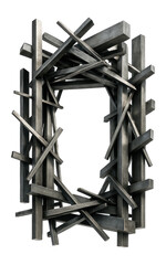 Floating metal beams in a chaotic arrangement, creating an abstract, asymmetrical gateway.