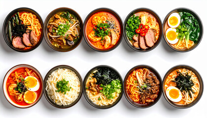 Collection of Asian noodle ramen bowls isolated