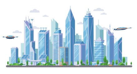 Fototapeta premium Futuristic Cityscape with Flying Drones and Solar Panels