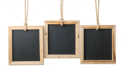 Mini Chalkboards Hanging on Rope with Natural Wood Frames Isolated on Transparent Background PNG