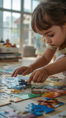 Fototapeta premium Child engaged in completing a colorful jigsaw puzzle indoors during a sunny afternoon in a cozy living room setting