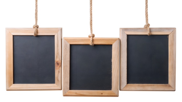 Mini Chalkboards Hanging on Rope with Natural Wood Frames Isolated on Transparent Background PNG