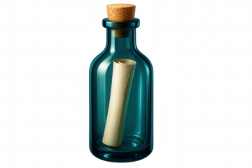 Glass bottle holding curled paper message, positioned against transparent backdrop, symbolizing mysterious communication, adventurous storytelling, distant connections