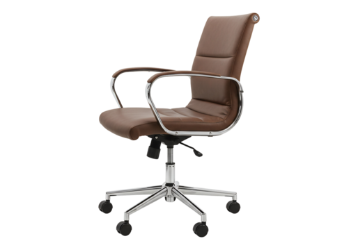 Brown leather office chair with chrome base studio shot for workplace furniture and ergonomic design
