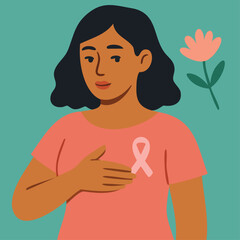 Breast cancer awareness concept illustration with diverse women and pink ribbon symbol