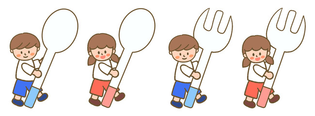 Cute cartoon boy and girl with giant spoon and fork – school lunch and eating, cooking and food nutrition concept.