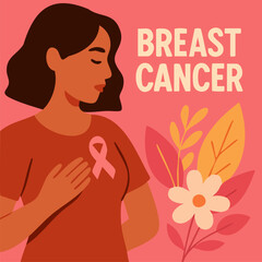 Breast cancer awareness concept illustration with diverse women and pink ribbon symbol