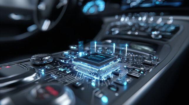 Advanced Edge AI Semiconductor Chip Integrated in Autonomous Car's Dashboard