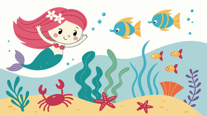 Obraz premium Cute mermaid illustration with sea animals underwater cartoon vector graphics for kids and children design