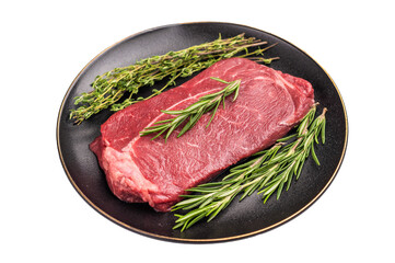 Raw Top sirloin beef steak with herbs isolated on white background. top view