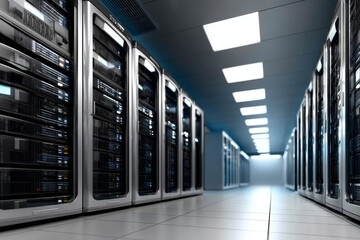 Modern Data Center with Rows of High-Performance Servers for Efficient Digital Information Storage