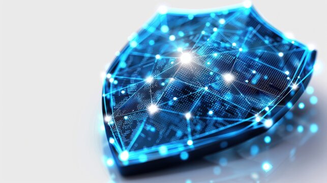 Transparent vector shield icon for cybersecurity, outlined with bold blue lines, interior filled with a dense pattern of white security-code dots, light glinting off edges. minimalist tech, isolated