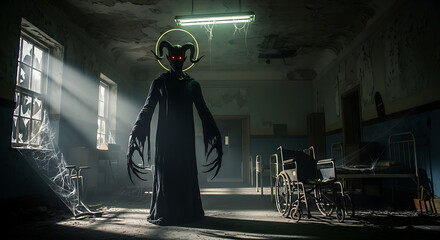 Sinister figure with horns and glowing eyes in abandoned room