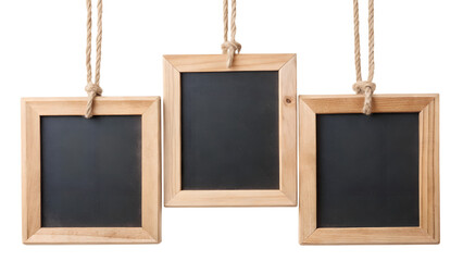 Mini Chalkboards Hanging on Rope with Natural Wood Frames Isolated on Transparent Background PNG