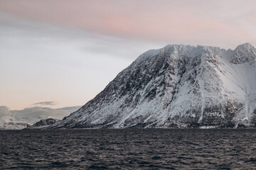A moody and dramatic landscape of a dark, choppy sea against a backdrop of a snow-covered mountain under a soft, overcast sky. The cold, powerful beauty of nature.

